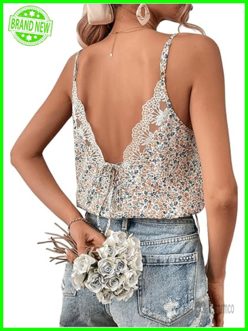 Ditsy Floral Print Lace Trim Tie Back Cami Top V Neck Boho Summer Tank Top